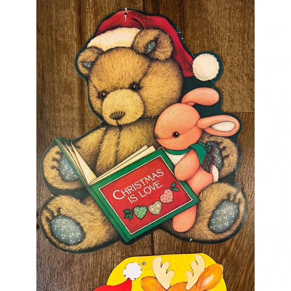 VTG Christmas Paper Cardboard Wall‎ Decorations Die Cut Lot Santa Snowman Teddy
